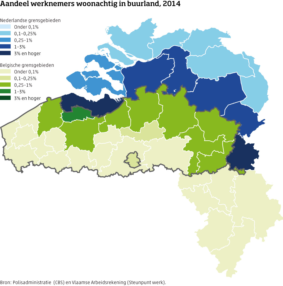 Kaart aandeel werknemers woonachtig in buurland Nederland-België
